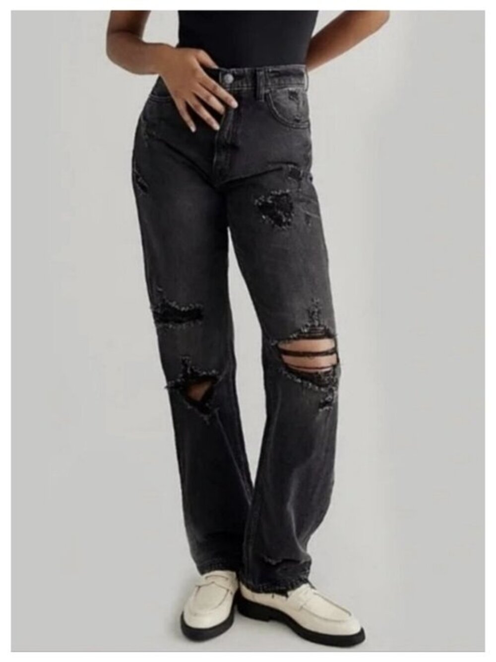Free People We the Free CRVY Straight Shooter Distressed Black Jeans Size 26